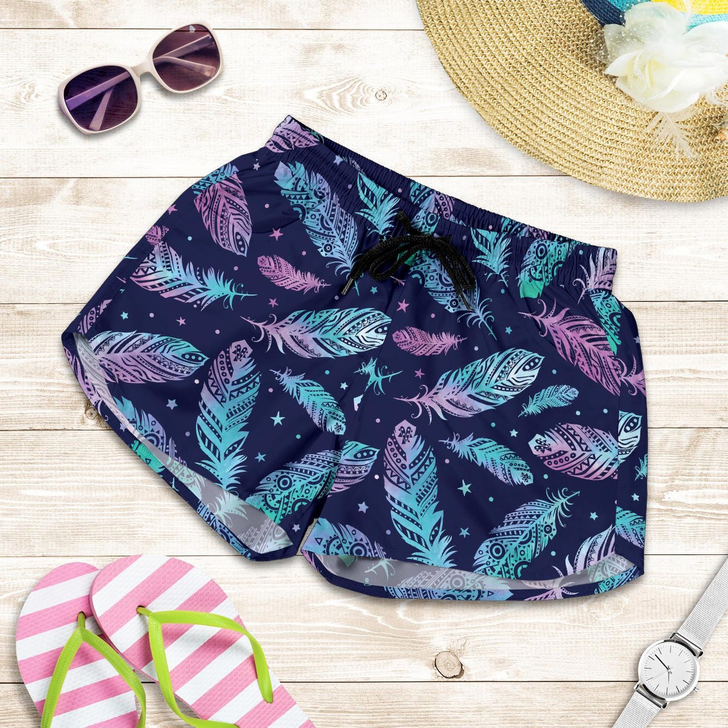 Feather Aztec Design Print Women Shorts-JTAMIGO.COM