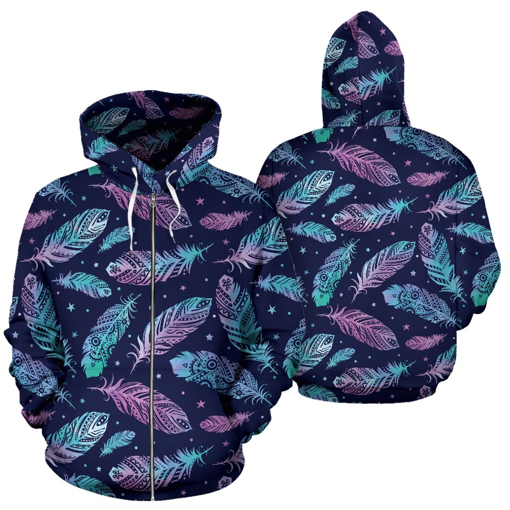Feather Aztec Design Print Zip Up Hoodie