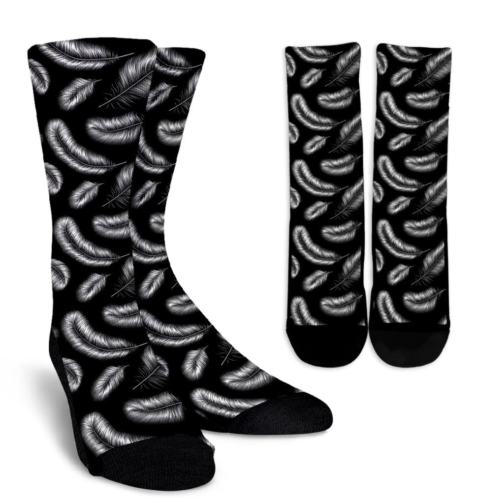 Feather Black White Design Print Crew Socks