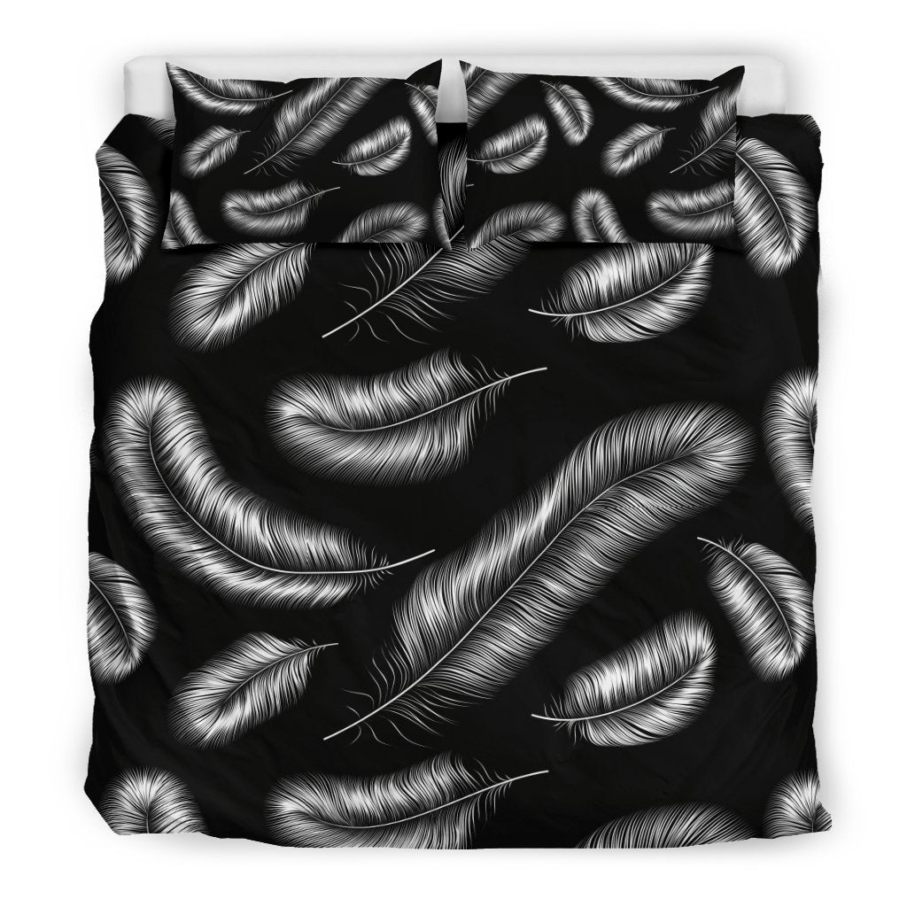 Feather Black White Design Print Duvet Cover Bedding Set