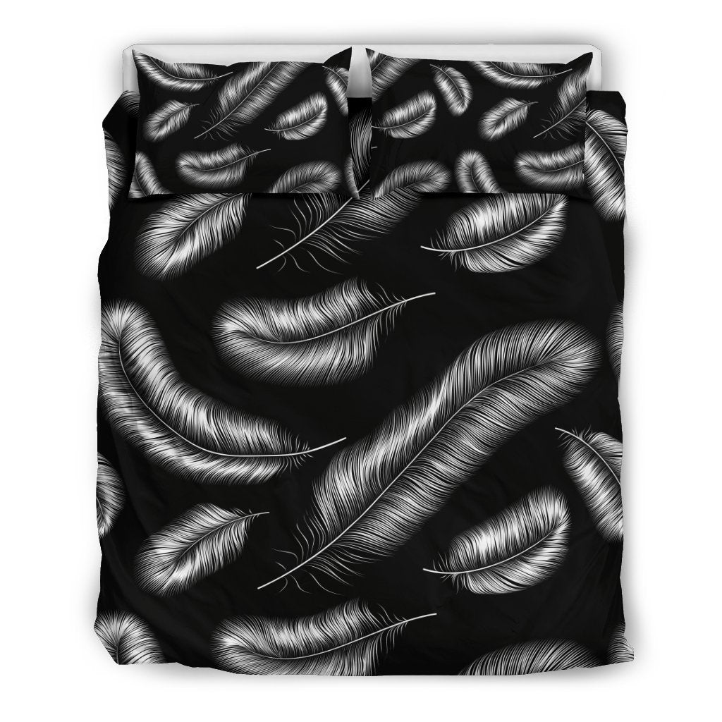 Feather Black White Design Print Duvet Cover Bedding Set