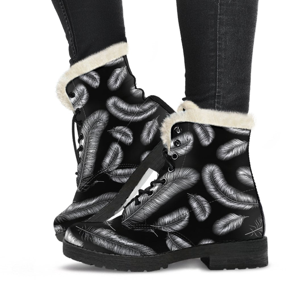 Feather Black White Design Print Faux Fur Leather Boots-JTAMIGO.COM