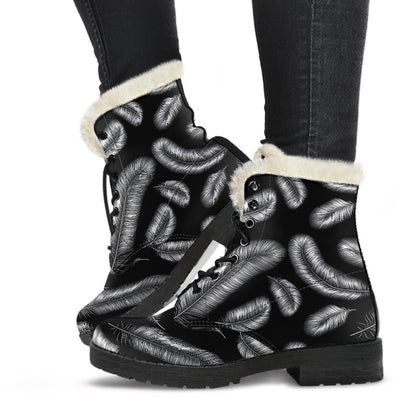 Feather Black White Design Print Faux Fur Leather Boots-JTAMIGO.COM