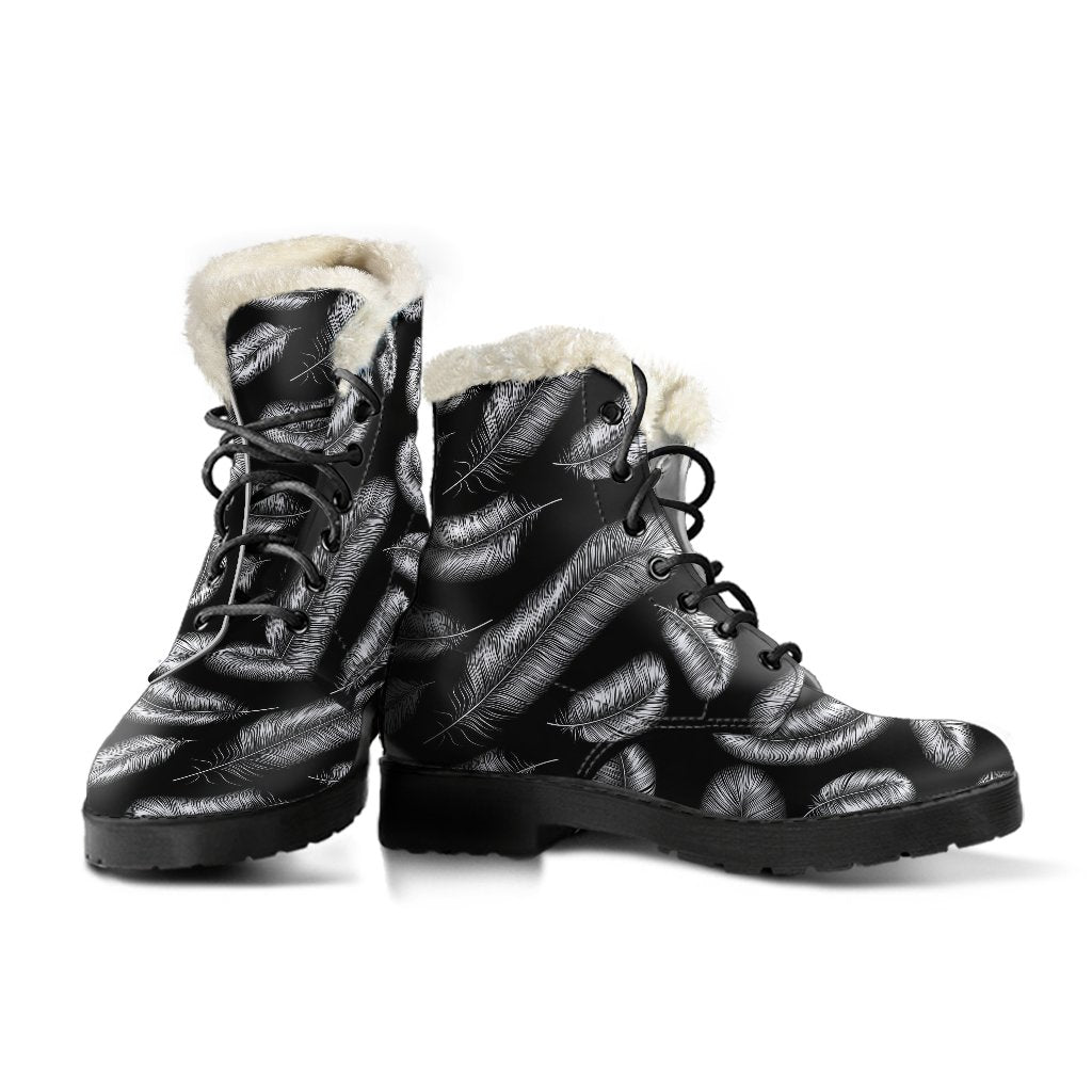 Feather Black White Design Print Faux Fur Leather Boots-JTAMIGO.COM
