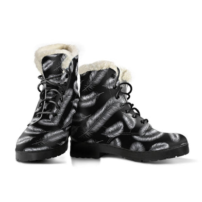 Feather Black White Design Print Faux Fur Leather Boots-JTAMIGO.COM