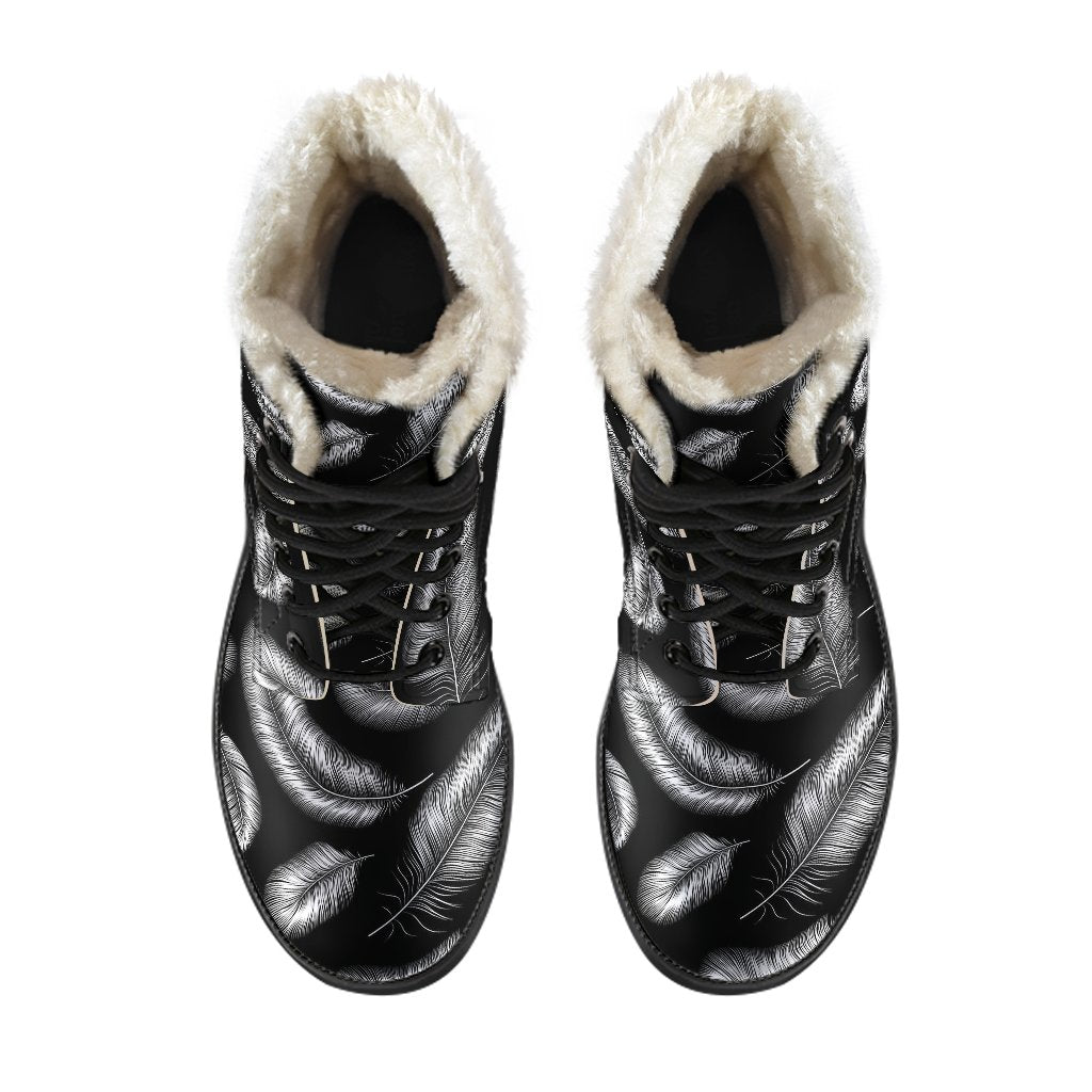 Feather Black White Design Print Faux Fur Leather Boots-JTAMIGO.COM