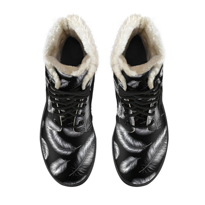 Feather Black White Design Print Faux Fur Leather Boots-JTAMIGO.COM