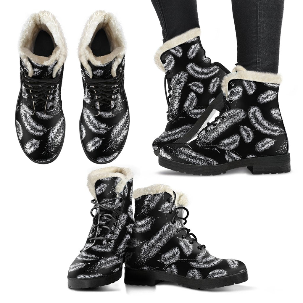 Feather Black White Design Print Faux Fur Leather Boots-JTAMIGO.COM
