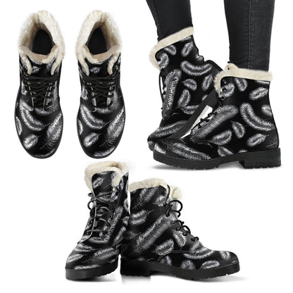 Feather Black White Design Print Faux Fur Leather Boots-JTAMIGO.COM