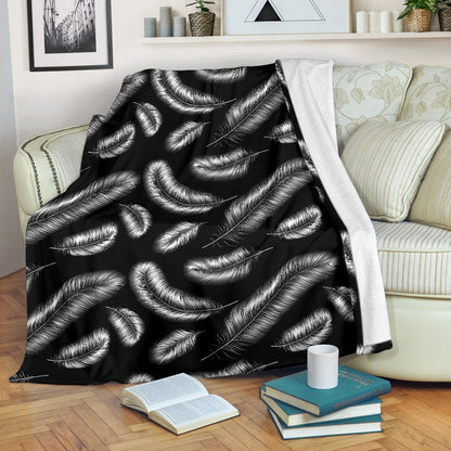 Feather Black White Design Print Fleece Blanket