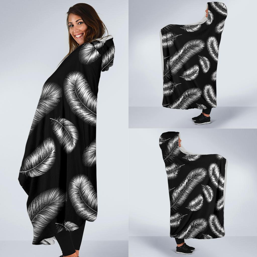 Feather Black White Design Print Hooded Blanket-JTAMIGO.COM