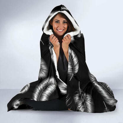 Feather Black White Design Print Hooded Blanket-JTAMIGO.COM