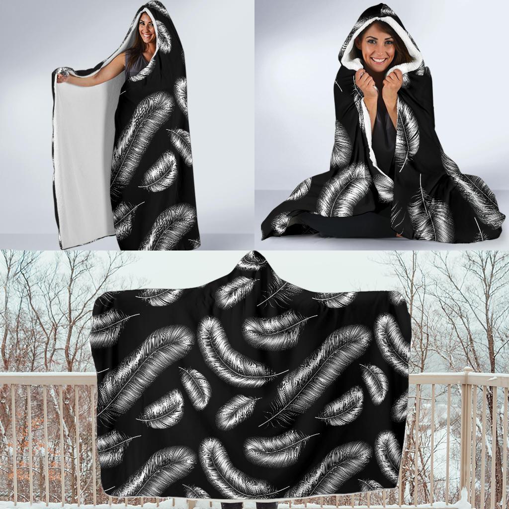 Feather Black White Design Print Hooded Blanket-JTAMIGO.COM