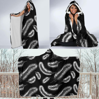Feather Black White Design Print Hooded Blanket-JTAMIGO.COM