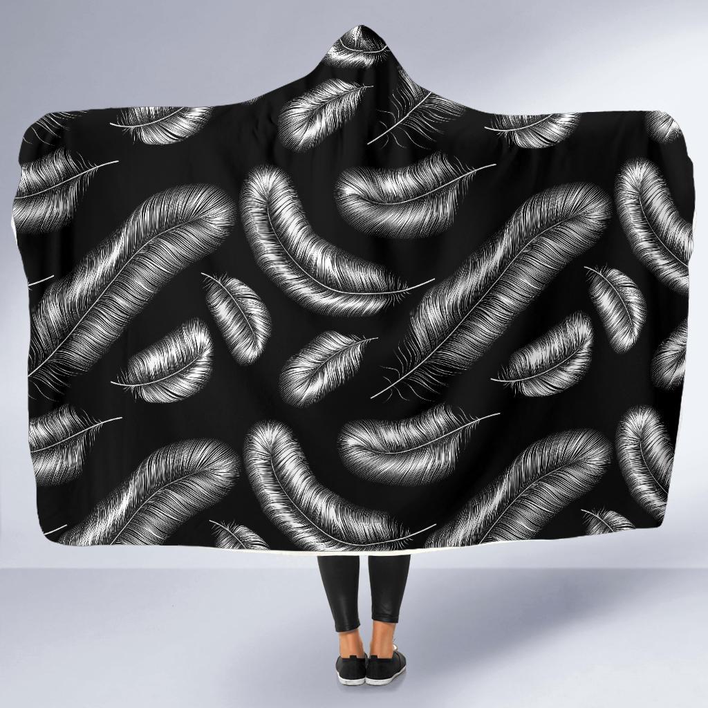 Feather Black White Design Print Hooded Blanket-JTAMIGO.COM