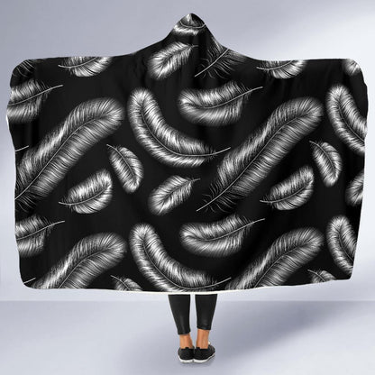 Feather Black White Design Print Hooded Blanket-JTAMIGO.COM