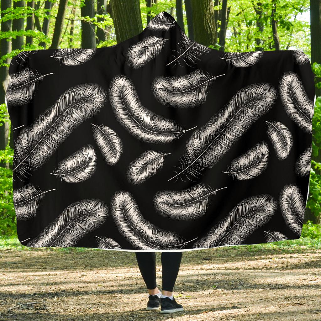 Feather Black White Design Print Hooded Blanket-JTAMIGO.COM