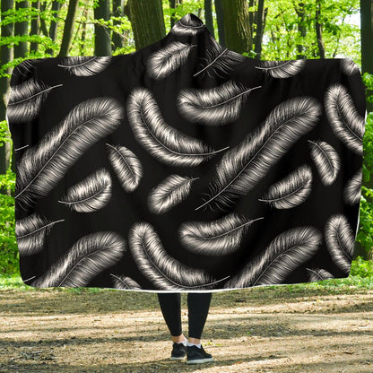 Feather Black White Design Print Hooded Blanket-JTAMIGO.COM