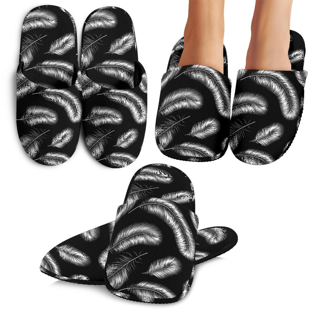 Feather Black White Design Print House Slippers