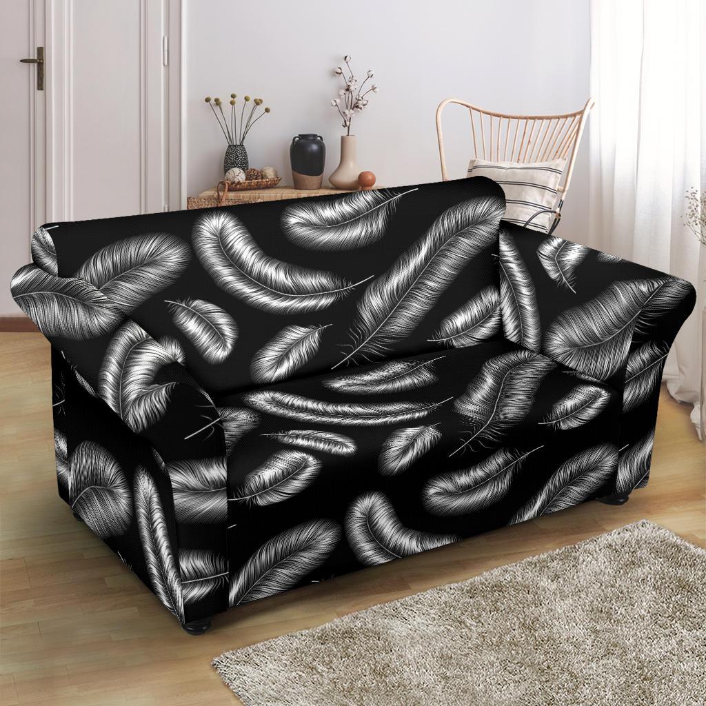 Feather Black White Design Print Loveseat Slipcover-JTAMIGO.COM