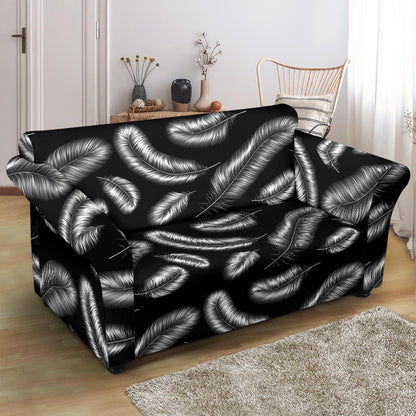 Feather Black White Design Print Loveseat Slipcover-JTAMIGO.COM