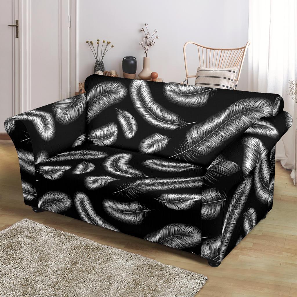 Feather Black White Design Print Loveseat Slipcover-JTAMIGO.COM