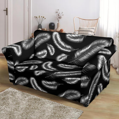 Feather Black White Design Print Loveseat Slipcover-JTAMIGO.COM