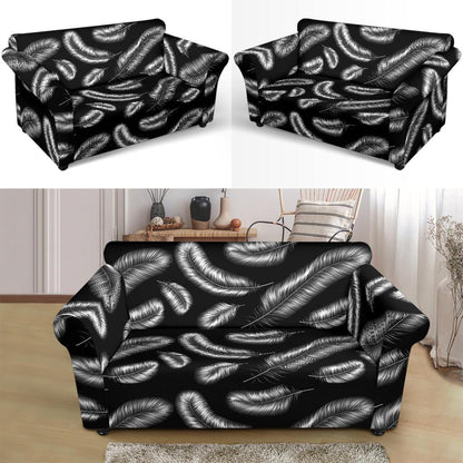 Feather Black White Design Print Loveseat Slipcover-JTAMIGO.COM