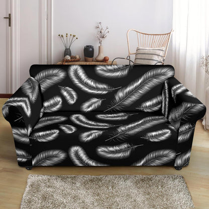 Feather Black White Design Print Loveseat Slipcover-JTAMIGO.COM