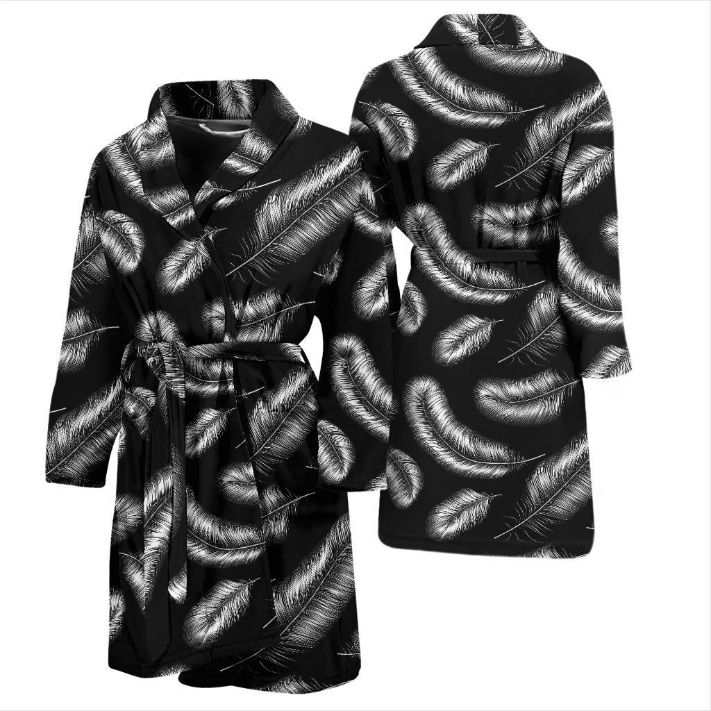 Feather Black White Design Print Men Bath Robe-JTAMIGO.COM
