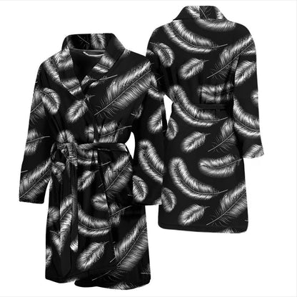 Feather Black White Design Print Men Bath Robe-JTAMIGO.COM