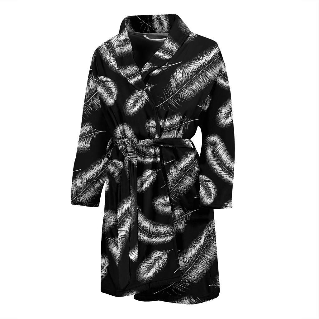 Feather Black White Design Print Men Bath Robe-JTAMIGO.COM
