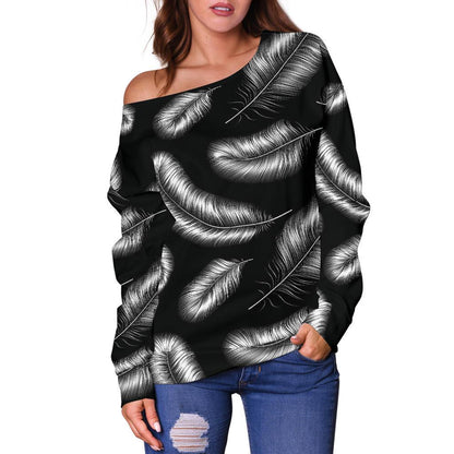 Feather Black White Design Print Off Shoulder Sweatshirt