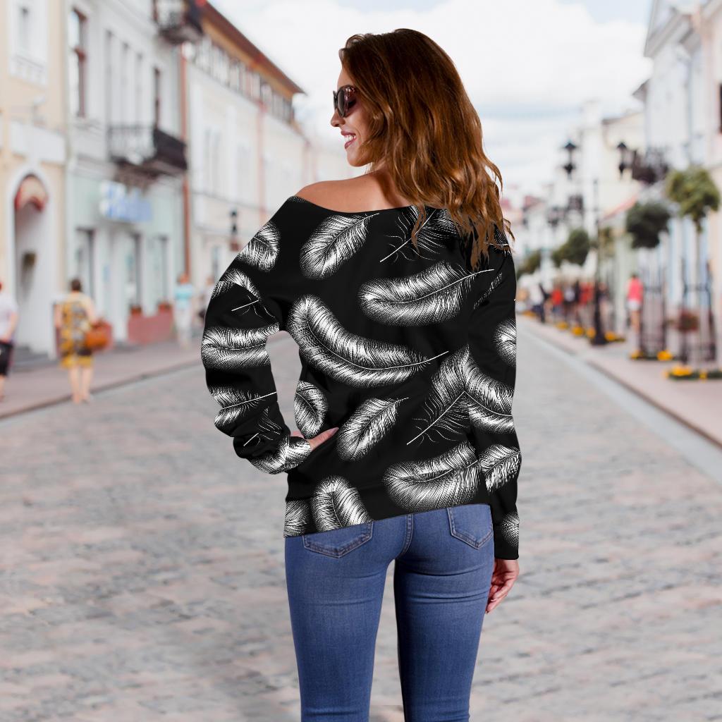 Feather Black White Design Print Off Shoulder Sweatshirt