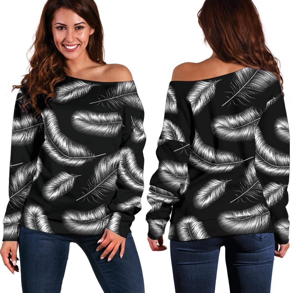 Feather Black White Design Print Off Shoulder Sweatshirt