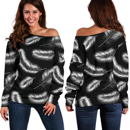 Feather Black White Design Print Off Shoulder Sweatshirt