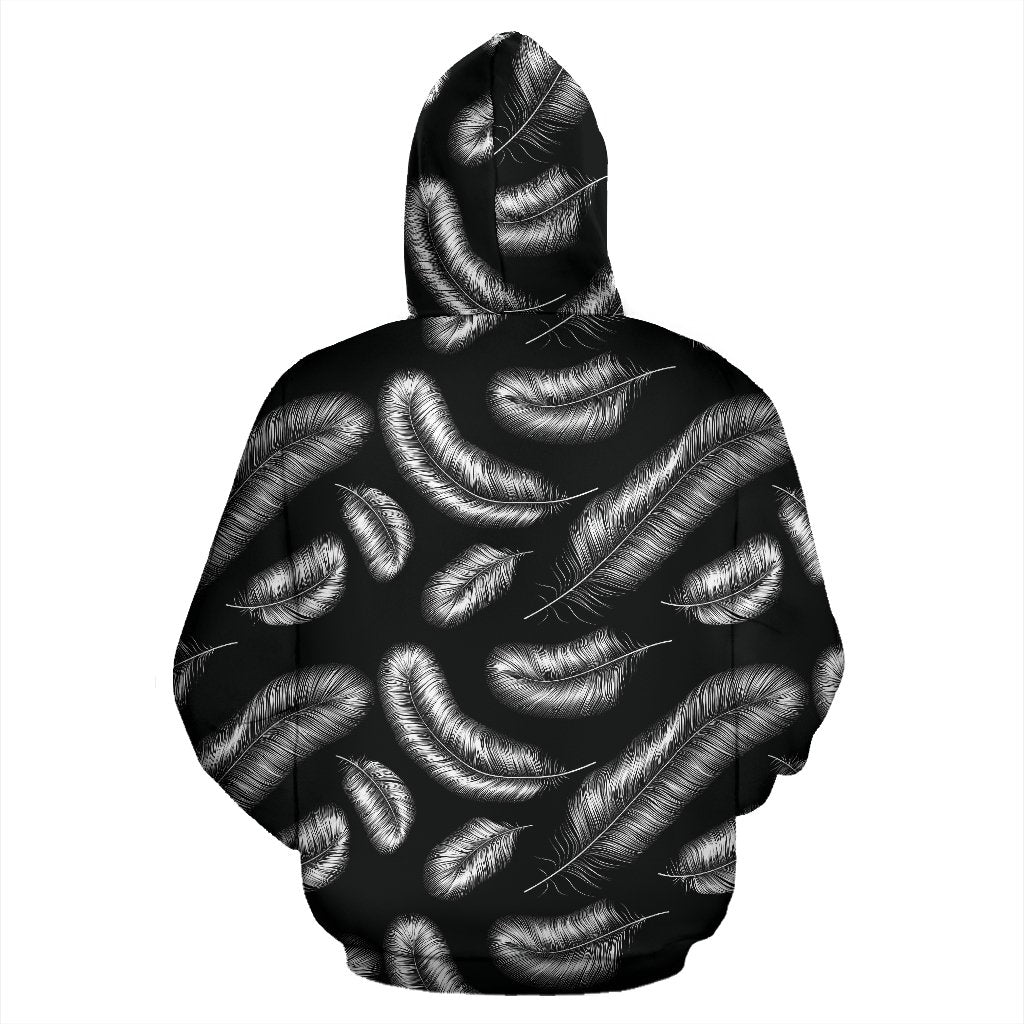 Feather Black White Design Print Pullover Hoodie