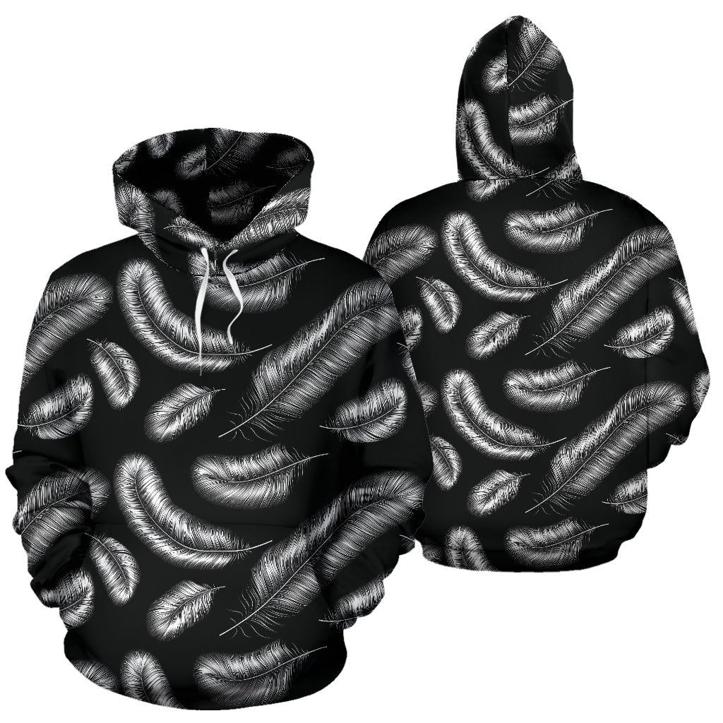 Feather Black White Design Print Pullover Hoodie