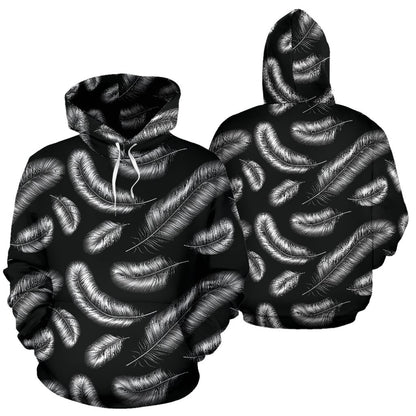 Feather Black White Design Print Pullover Hoodie