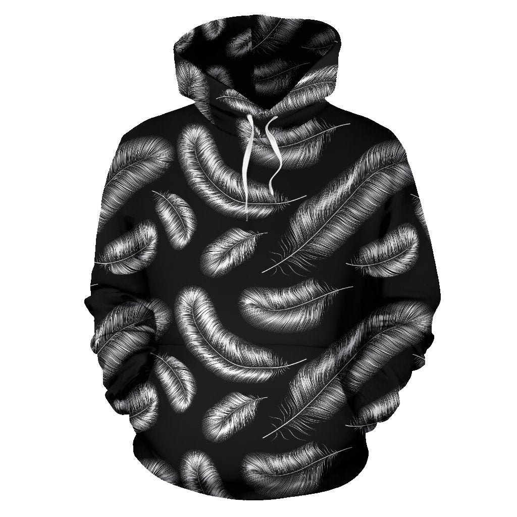Feather Black White Design Print Pullover Hoodie