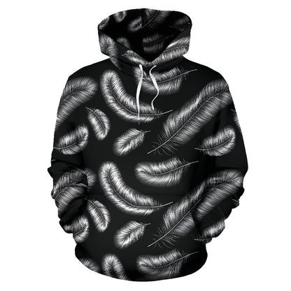Feather Black White Design Print Pullover Hoodie