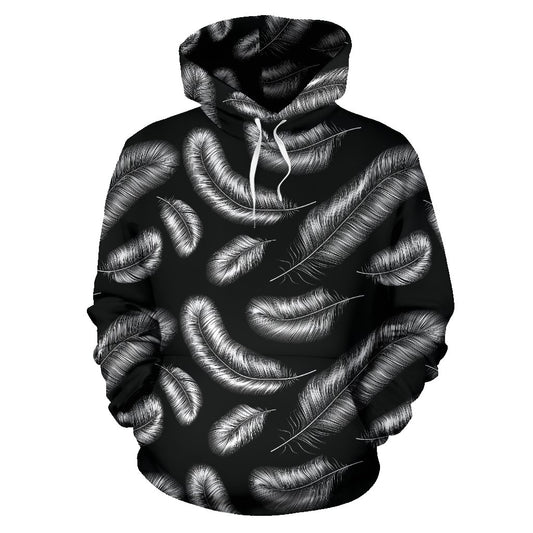 Feather Black White Design Print Pullover Hoodie