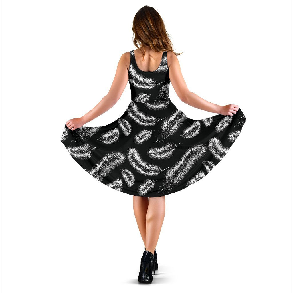Feather Black White Design Print Sleeveless Dress
