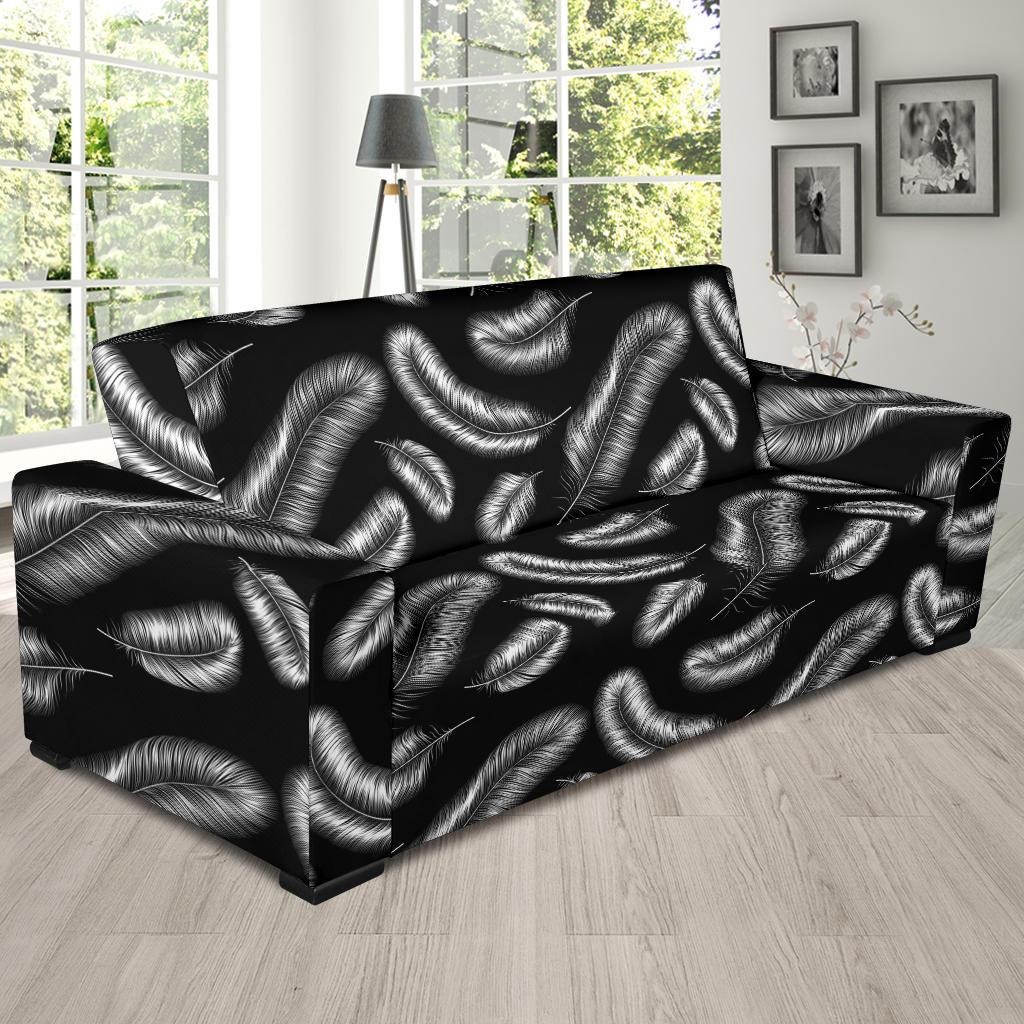 Feather Black White Design Print Sofa Slipcover-JTAMIGO.COM