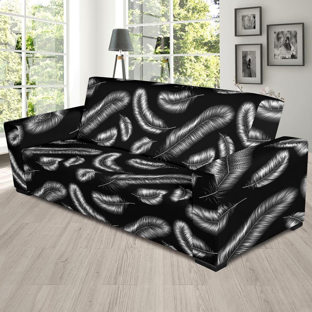 Feather Black White Design Print Sofa Slipcover-JTAMIGO.COM