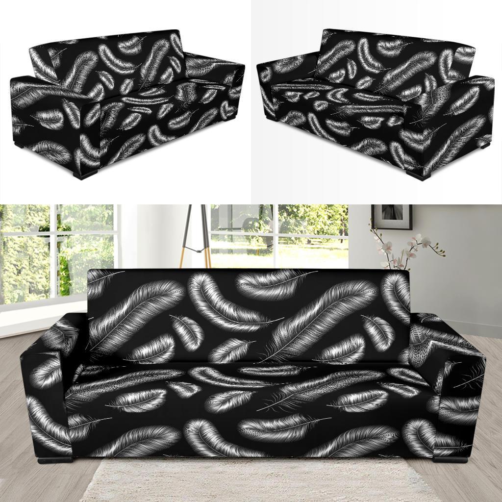 Feather Black White Design Print Sofa Slipcover-JTAMIGO.COM