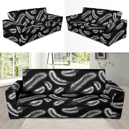 Feather Black White Design Print Sofa Slipcover-JTAMIGO.COM