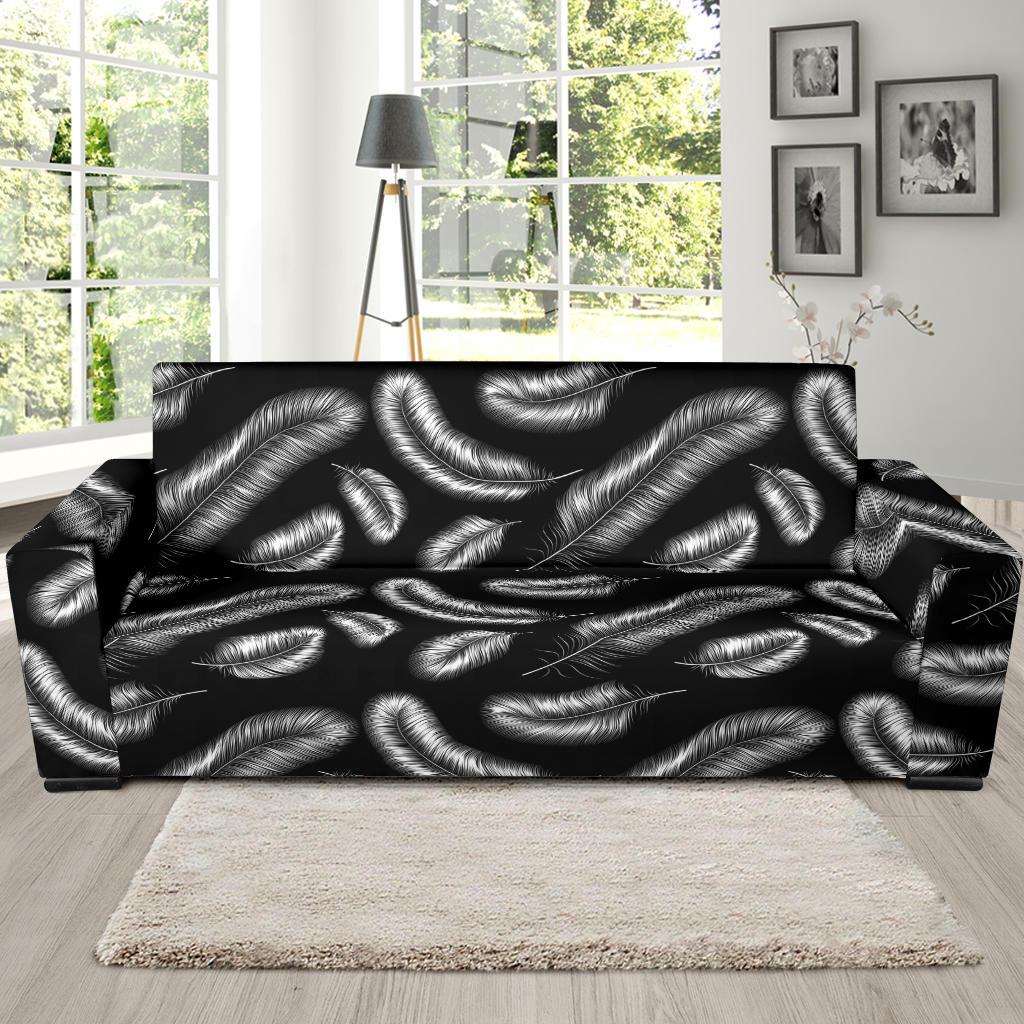 Feather Black White Design Print Sofa Slipcover-JTAMIGO.COM