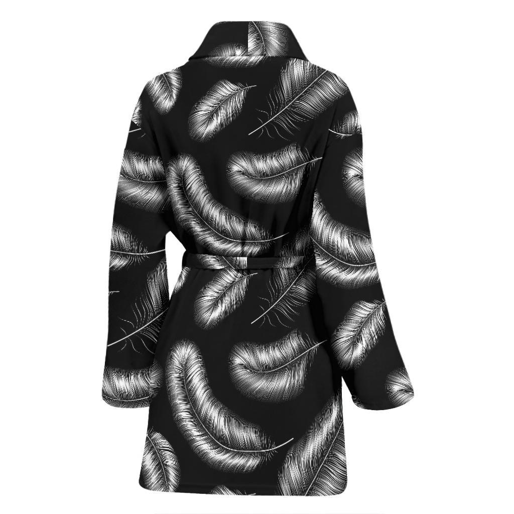 Feather Black White Design Print Women Bath Robe-JTAMIGO.COM