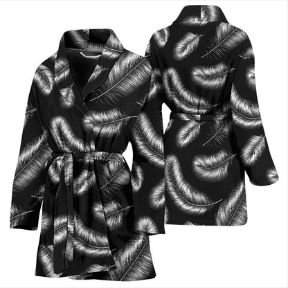 Feather Black White Design Print Women Bath Robe-JTAMIGO.COM